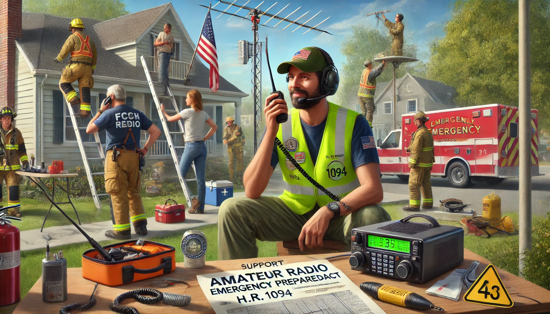 Amateur radio operators setting up emergency communications in a suburban neighborhood, installing a vertical antenna while collaborating with the community. A legal document titled 'Amateur Radio Emergency Preparedness Act' (H.R. 1094) is visible, symbolizing legislative support.