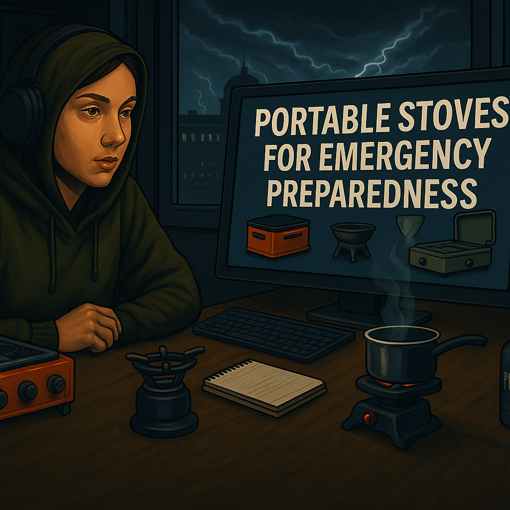 A digital illustration showing a person cooking with a portable stove in a storm-damaged environment, symbolizing emergency preparedness.